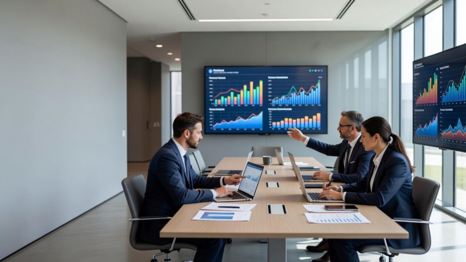 Business professionals analyzing benchmarking reports and performance metrics in a corporate meeting.