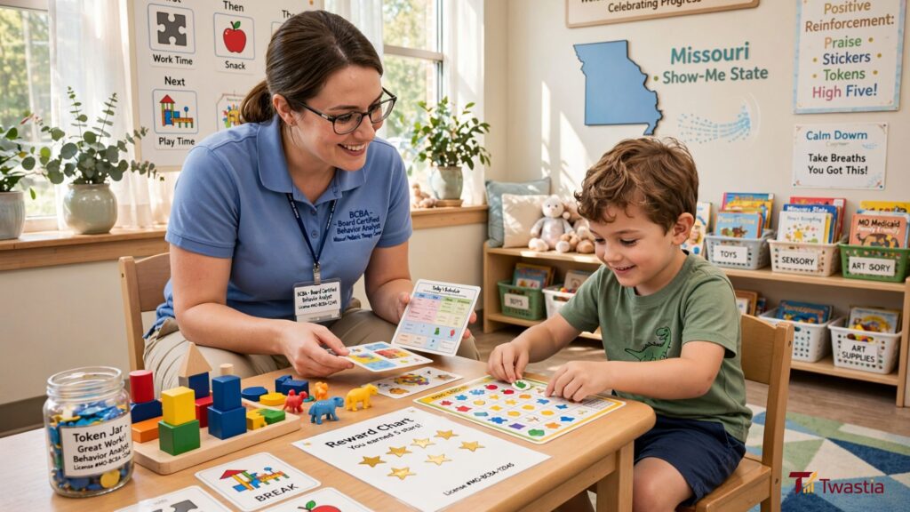 Child participating in ABA therapy with a behavior analyst in Missouri.