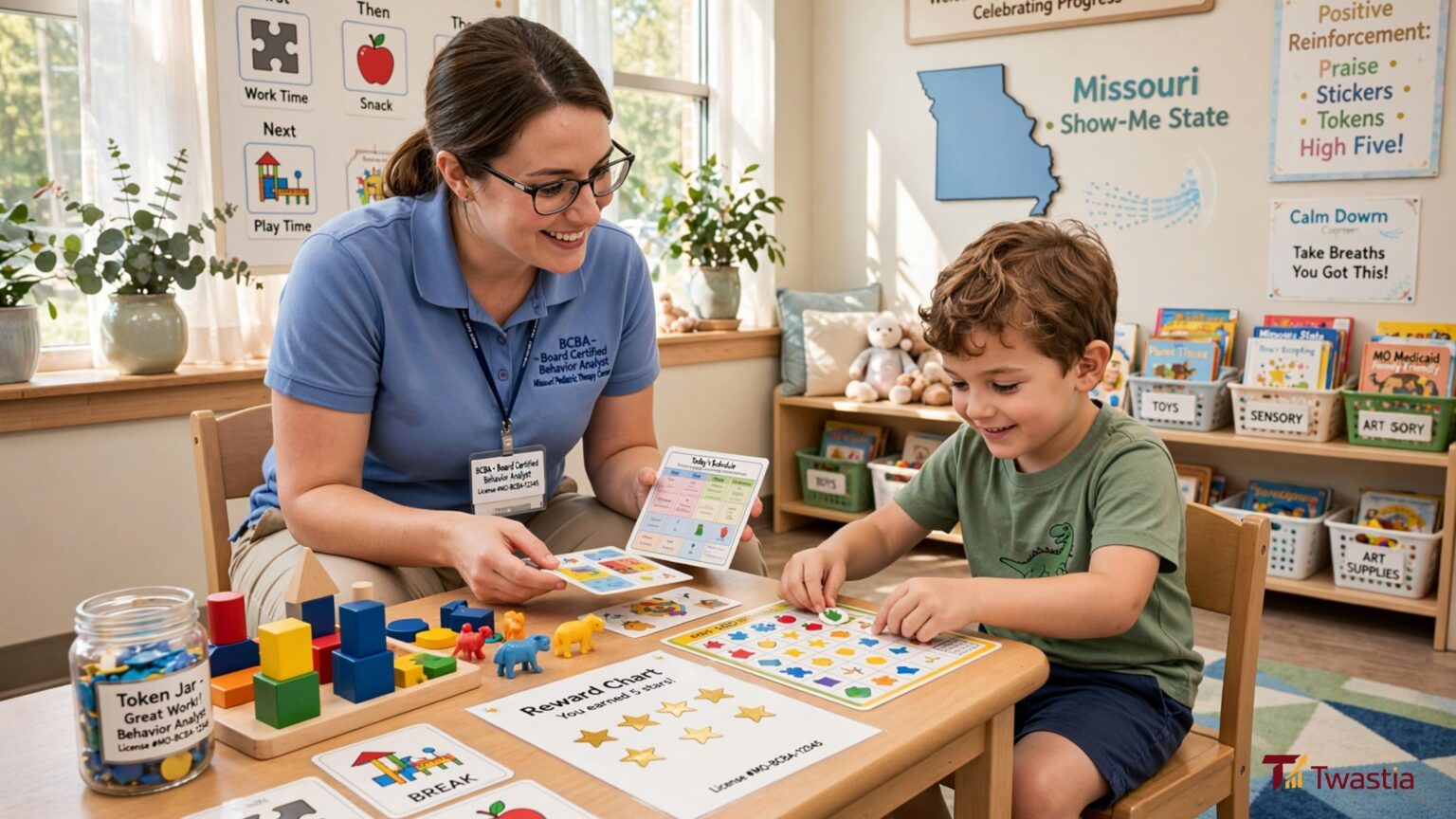Child participating in ABA therapy with a behavior analyst in Missouri.