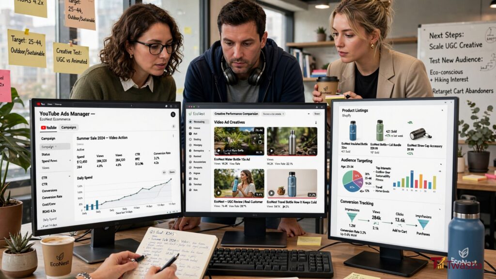 Marketing specialists managing YouTube advertising campaigns for an ecommerce business.