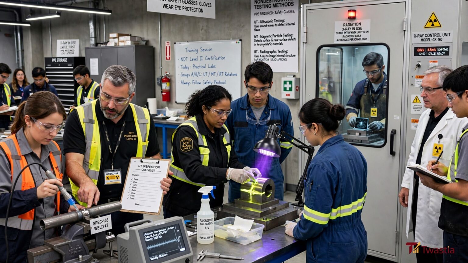 Students receiving nondestructive testing training at the American Institute of Nondestructive Testing.