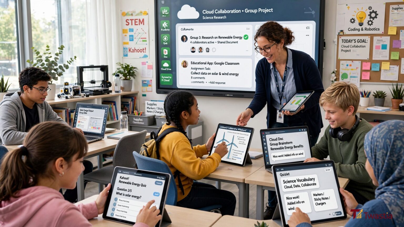 Teacher integrating digital tools into a standard classroom learning routine.