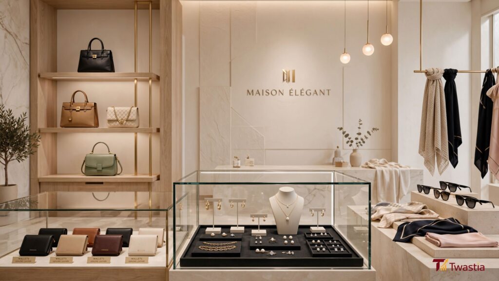 Elegant Kate Spade-inspired handbags and fashion accessories displayed in a modern boutique.