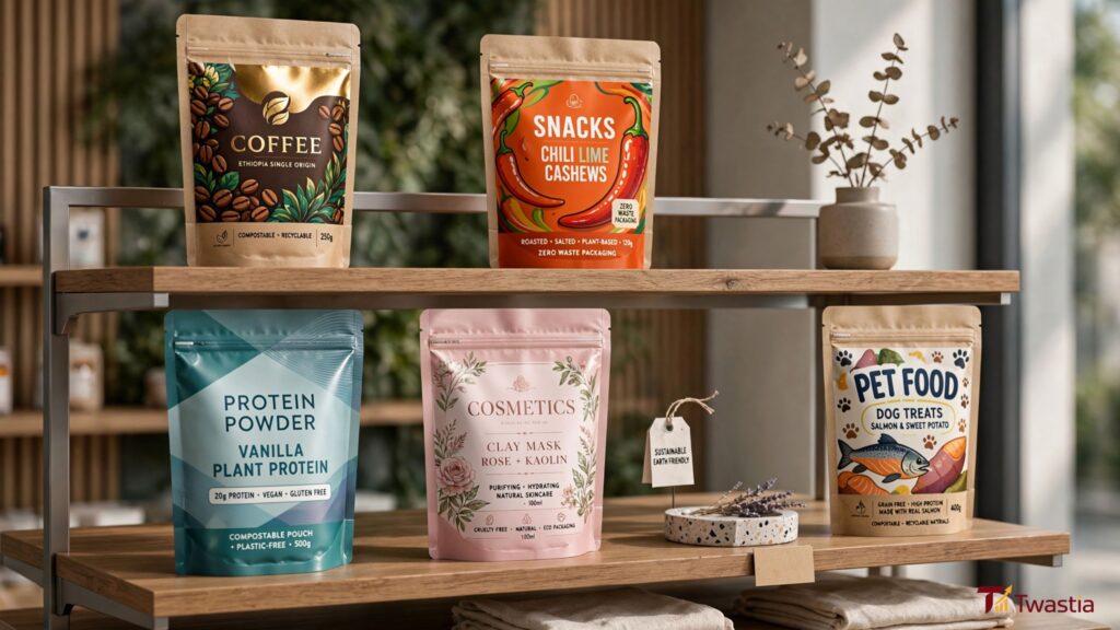 Custom standup pouches with premium printing for food packaging, supplements, cosmetics, and retail products.